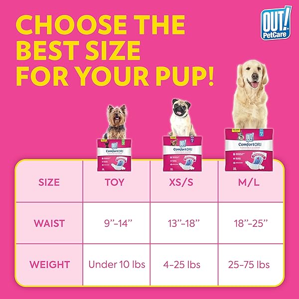 OUT! PETCARE DISPOSABLE DOG DIAPERS FOR FEMALE DOGS, DOG HEAT DIAPERS, FEMALE DOG PERIOD PADS, FEMALE DOGGY DIAPER FOR PEEING, PET DIAPERS FOR SMALL PETS,13”-18” WAIST, XS/SMALL, 16 COUNT