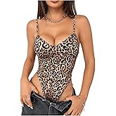 SweatyRocks Women's Leopard Print Cami Bodysuit Cut Out V Neck Sleeveless Leotard Tops