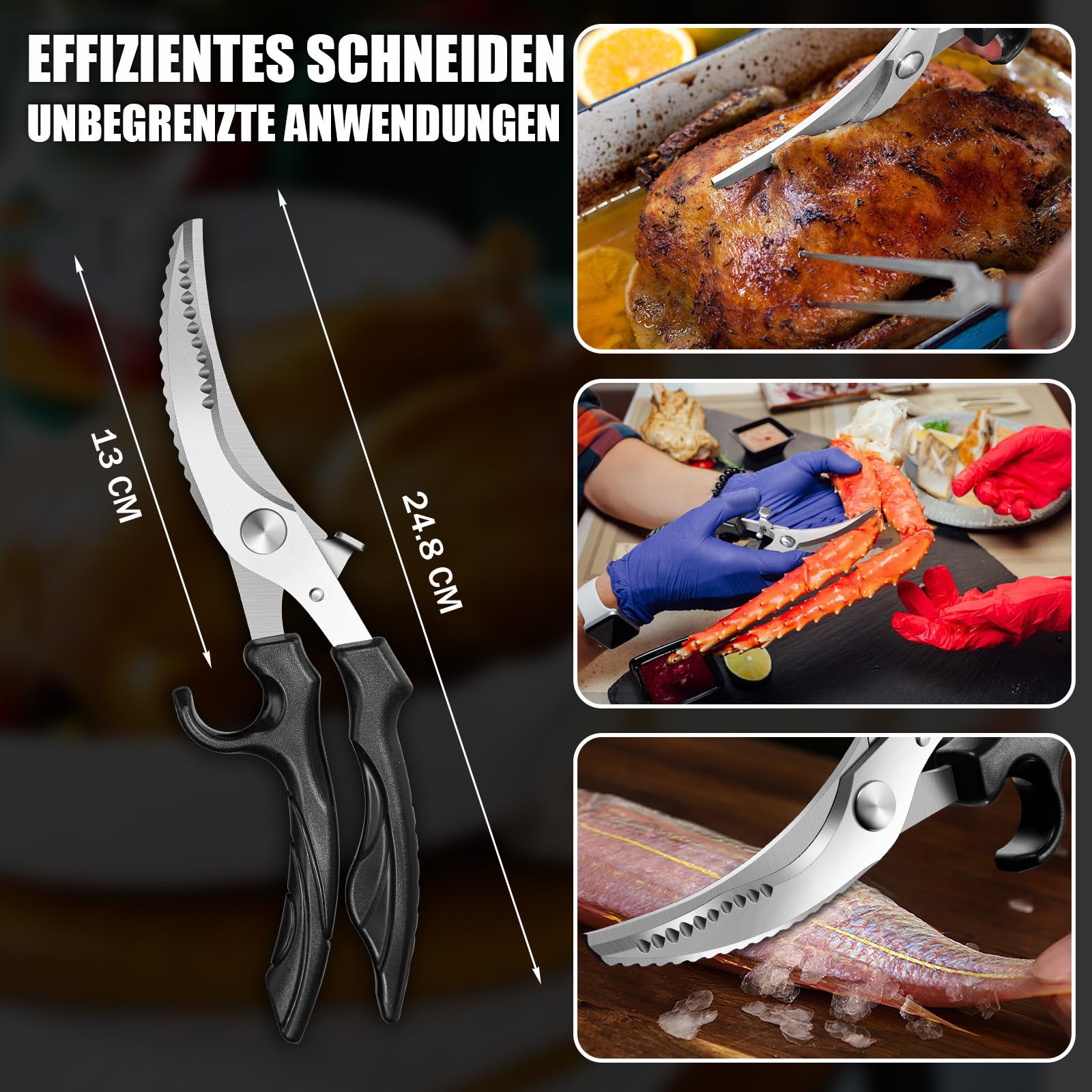 PURPLE BIRD GK02 Geflügelschere Küchenschere Profi, 4mm Edelstahl fleischschere mit Sicherheitsschloss & Federbelastung, 103° Schneidwinkel für Fleisch, Gemüse und Knochen, Rutschfester Griff 6