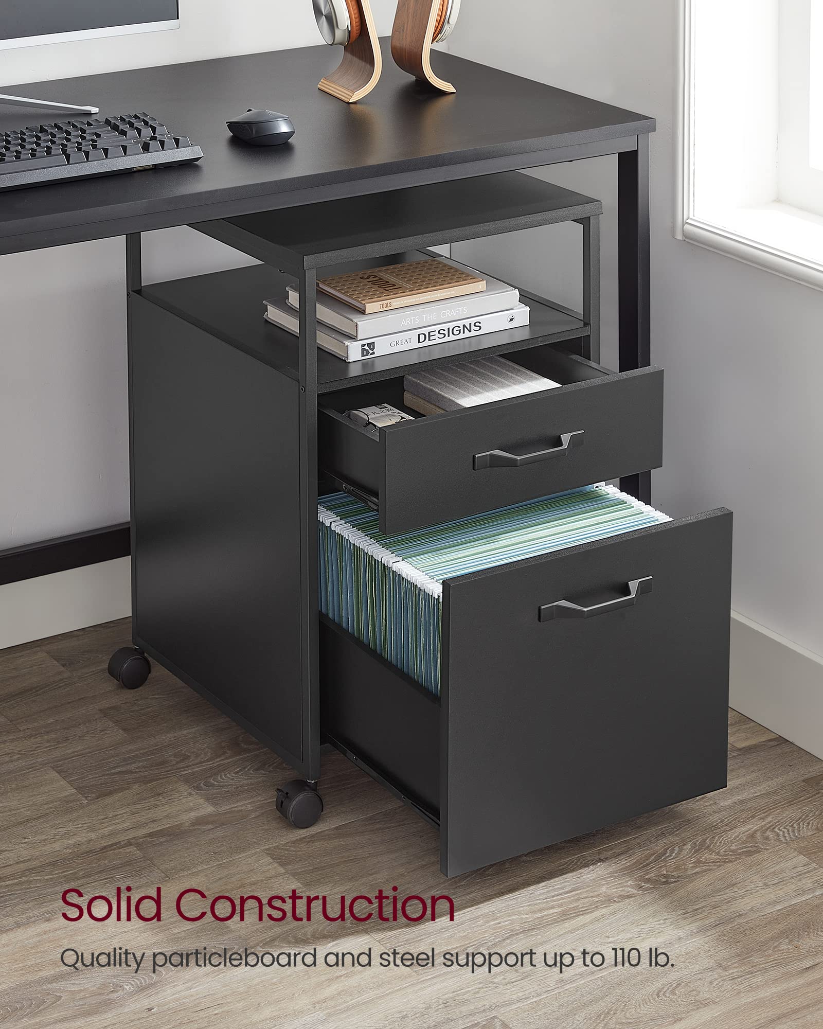 VASAGLE File Cabinet, Mobile Filing Cabinet with Wheels, 2 Drawers, Open Shelf, for A4, Letter Size, Hanging File Folders, Ink Black UOFC071B16