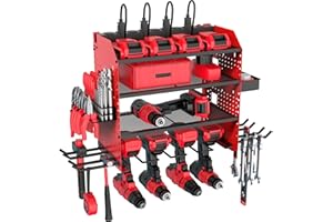 FURTIME Heavy Duty Power Tool Organizer Wall Mount with Charging Station, 4 Layer Garage Storage Adjustable Shelves Height, Holds 4 Drills, 2 Hooks, Screw & Screwdriver box, Gifts for Fathers Day, Anniversary