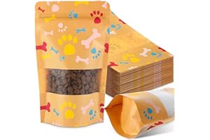 Dunzoom 200 Pcs Paw Dog Treat Bags by Puppy's 4.7" x 7.9" Paw Gift Bags Resealable Stand up Kraft Paper Zip Pouches for Canine Delights, Food-safe Material(Brown)