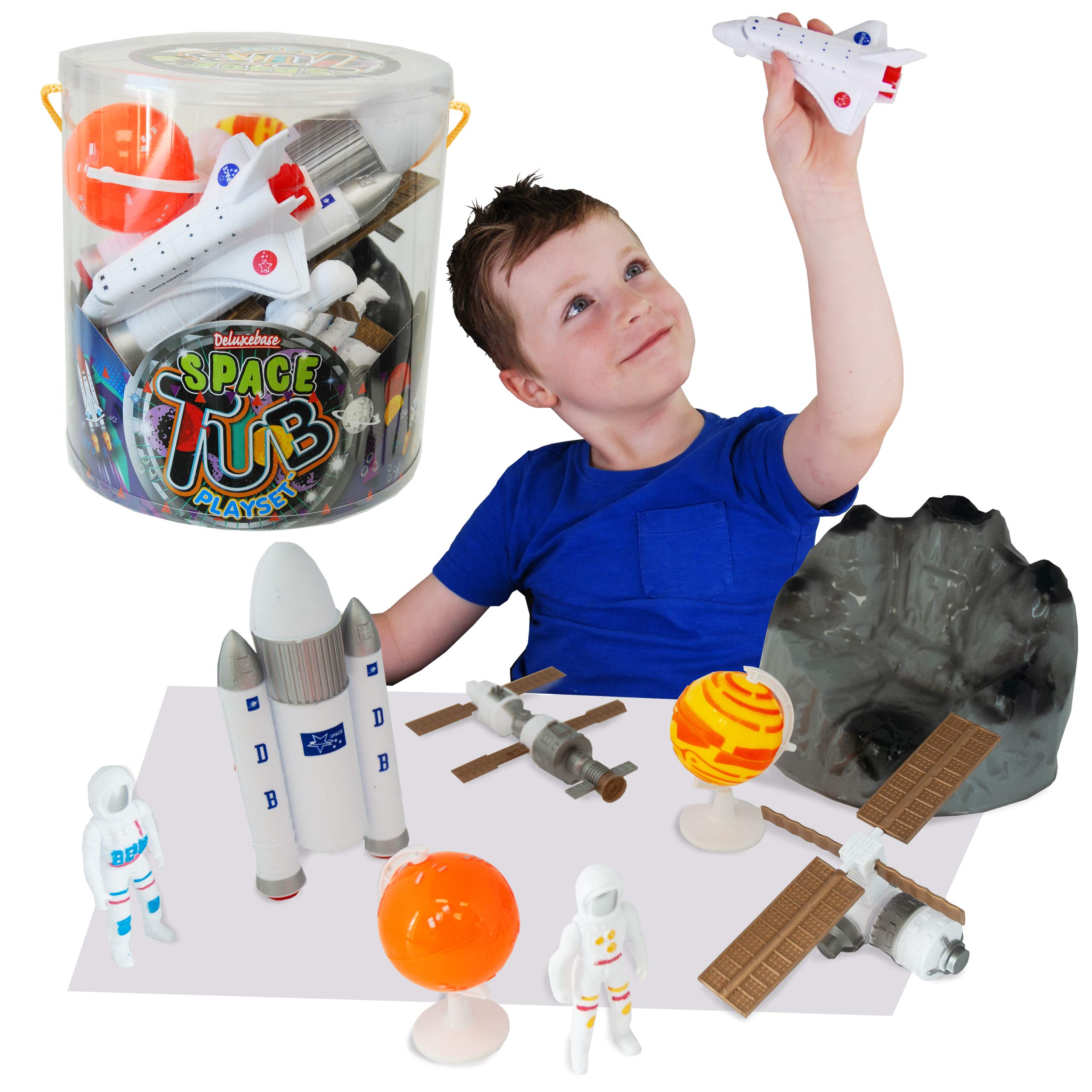 Tub Playset - Space from Deluxebase. 12 Piece Educational Sea Life Toy Playset for Kids. Reusable Tub with Astronauts, Planets, Rocket, Space Shuttle, Satellite, Moon Rock plus Accessories