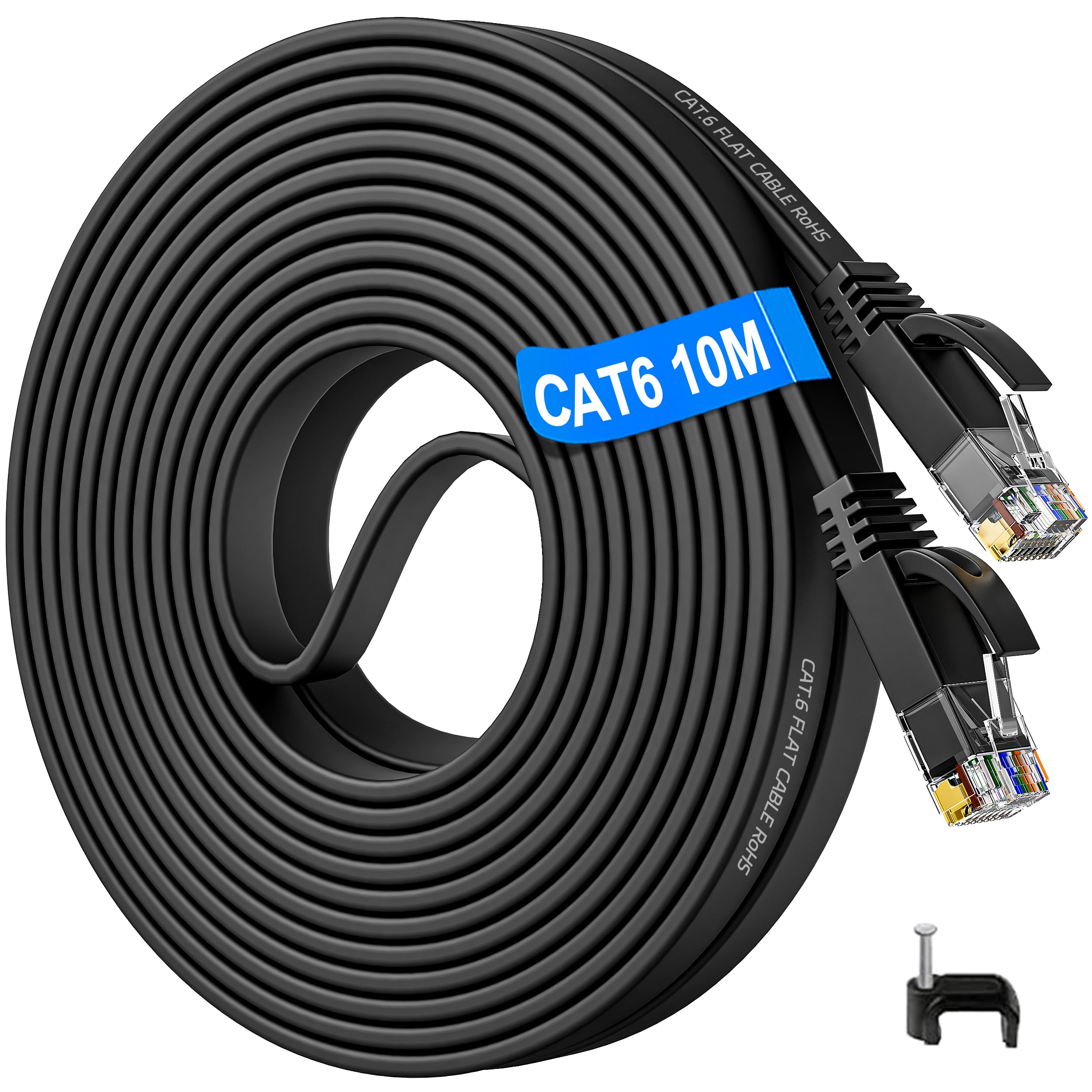 Cat 6 Ethernet Cable 10m, Long Internet Cable 10 Meter High Speed lan Cable 10/100/1000Mbps Flat Network Cable 10m RJ45 Cable Gigabit Patch Cord - Compatible with Cat5/5e for Router Modem PC(10 Clips)