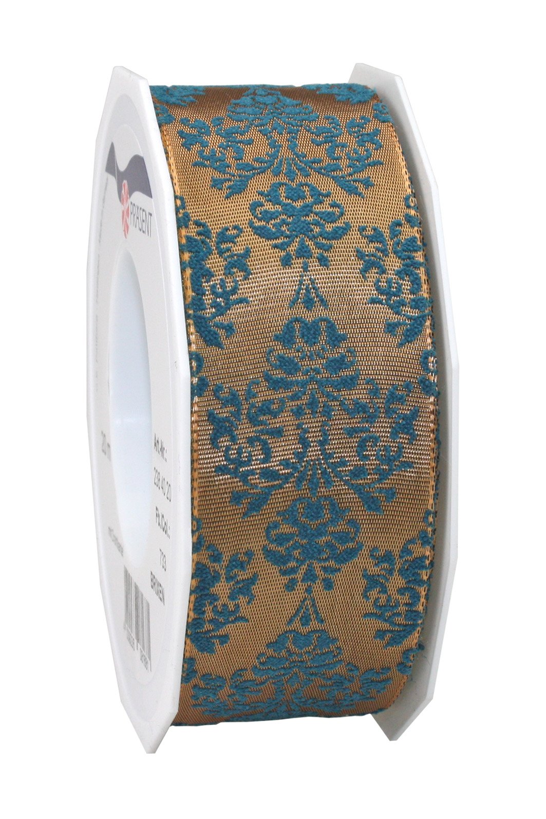 PRÄSENT - Brixen Wired & Printed Ribbon Brown-Petrol 40 mm width, 20 m length — image 1
