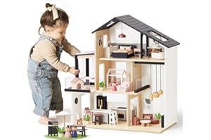Tiny Land Doll House, Modern Family Dollhouse with Realistic Design, Wooden Dollhouse with 53Pcs Furniture - Ideal Gift for Kids Ages 3+