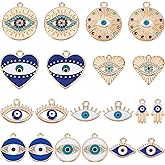SUNNYCLUE 1 Box 40Pcs Evil Eye Charms Evil Eyes Charm Valentine's Day Heart Charm Flat Round Rhinestone Hamsa Hand Lucky Charms Love Charms for Jewelry Making Charm Earrings Necklace DIY Supplies