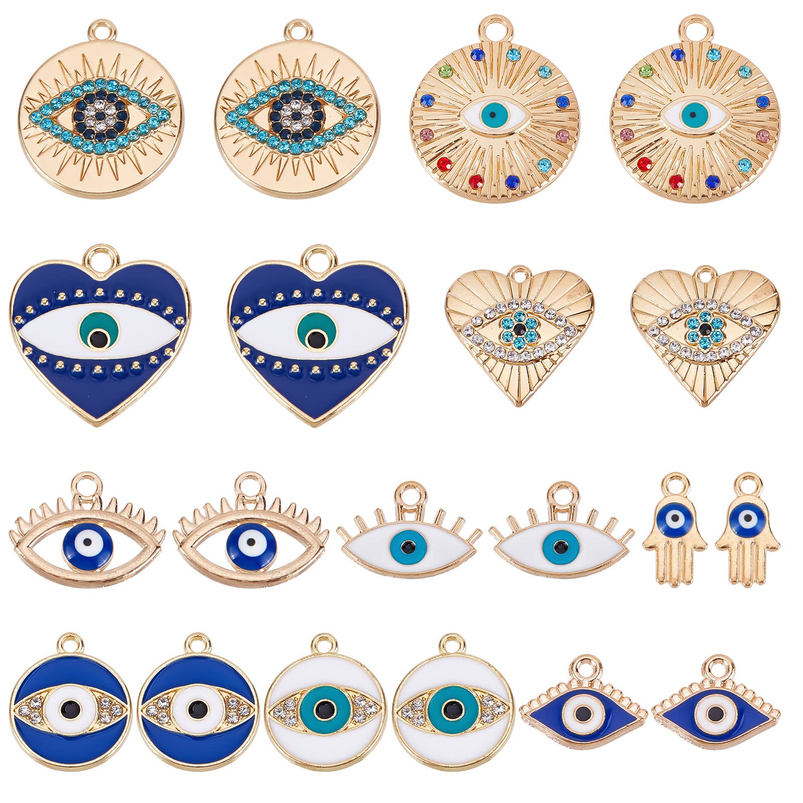 Photo 1 of SUNNYCLUE 1 Box 40Pcs Evil Eye Charms Evil Eyes Charm Valentine's Day Heart Charm Flat Round Rhinestone Hamsa Hand Lucky Charms Love Charms for Jewelry Making Charm Earrings Necklace DIY Supplies