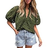 PRETTYGARDEN Women's Summer Tops 2026 Dressy Casual Short Sleeve V Neck Buttons Hollow Eyelet Lace Embroidered Blouses Shirts