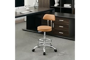 FIRAVOE Ergonomic Desk Stool(Sturdy Rolling Stool with Back)(Swivel Armless Office Chair 19.5"-26.6") Adjustable Footrest Salon Chair (Camel Brown)