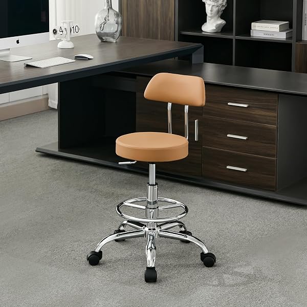 FIRAVOE ERGONOMIC DESK STOOL(STURDY ROLLING STOOL WITH BACK)(SWIVEL ARMLESS OFFICE CHAIR 19.5″-26.6″) ADJUSTABLE FOOTREST SALON CHAIR (CAMEL BROWN)