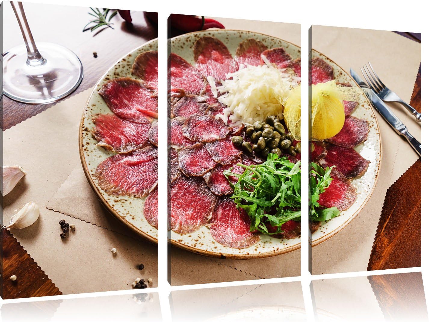 appetizing carpaccio canvas picture | size: 3 parts (120x80 cm) | Mural | Art Print | ready covered