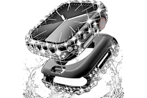 Surace 2 in 1 Waterproof Bling Case Compatible for Apple Watch Series 9 Series 8 Series 7 41mm Screen Protector, Lace Edge Diamond Protective Bumper Face Cover for iWatch Accessories Women 41mm, Black