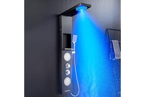 POPFLY Shower Panel with Shelf, LED Shower Tower with Mist＆ Rainfall Shower System, Bathroom Black 304 Stainless Steel Shower Column, Tup Spout and Body Jets, 3-Funtions Shower Handheld