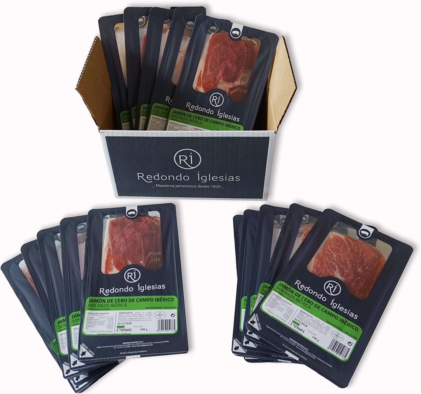 Redondo Iglesias - 1 Box containing 15 Packs of Spanish Iberico Free-Range Cereal & Grass fed ham (Jamon Cebo de Campo. 50% iberico) - 100g/pack