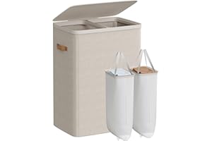 SONGMICS Laundry Basket, 44.9 Gal. Laundry Hamper, 2 Compartments, Easy Assembly, with Lid and Handles, Removable Liners, 22 x 15.7 x 29.5 Inches, Cappuccino Beige ULCB813L01