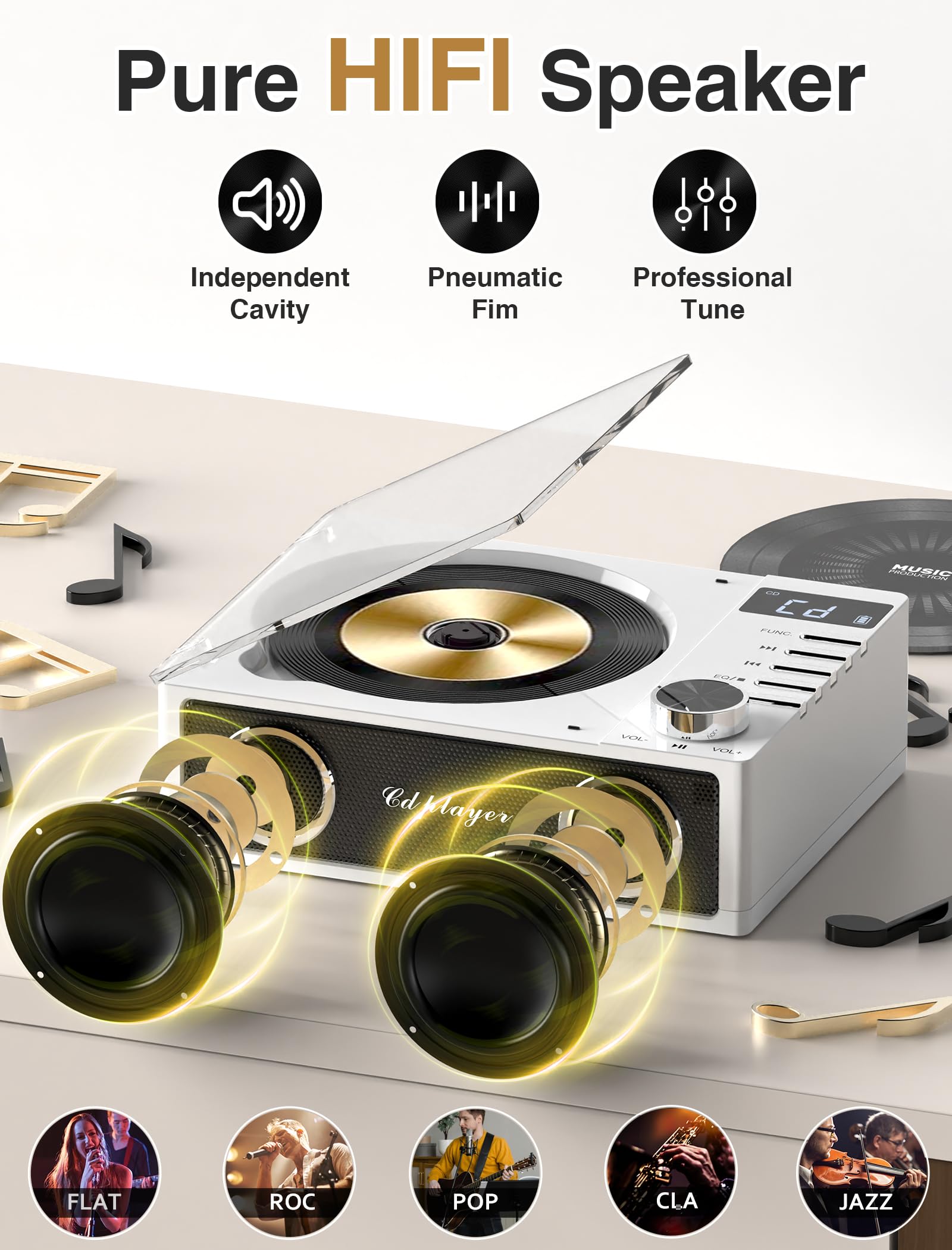 4000mAh Rechargeable CD Player with Bluetooth CD Player Wtih Dual Big Speakers,Retro CD Music Player with Remote Control, LCD Display, Support Opt/USB/TF Card/AUX/3.5mm Headphone Jack for Car Or Home