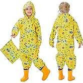 Kids Toddler Rain Suit for Boys Girls One Piece Hoodie Zipper Cartoon Waterproof Coverall Rain Jacket 1-10 Years