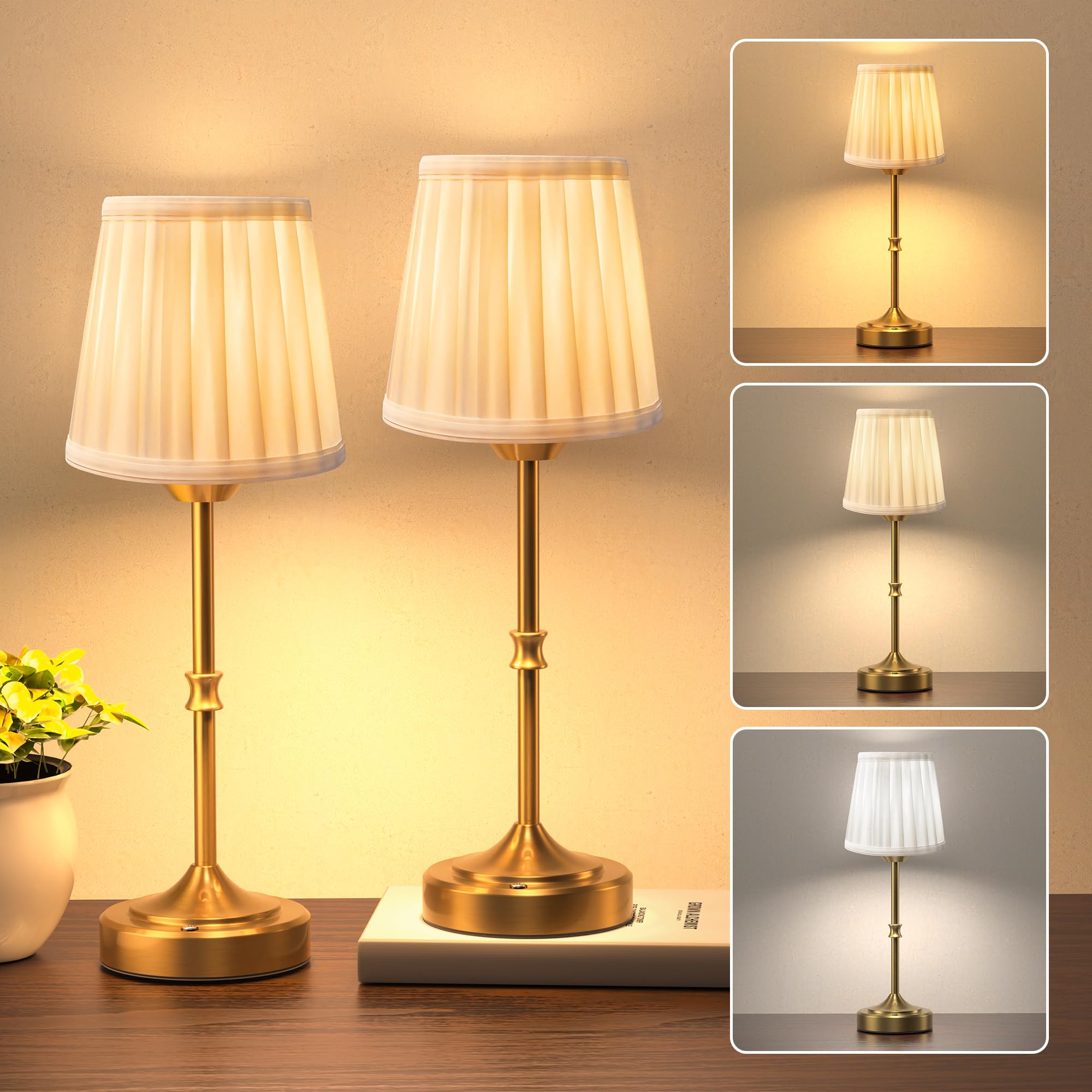 Photo 1 of JACKYLED 3 Color Cordless LED Table Lamp Set of 2, 5400mAh Large Battery Operated Rechargeable Lamp, Portable Wireless Dimmable Touch Lamp with Fabric Shade for Nightstand, Bedroom, Dining, Home Decor