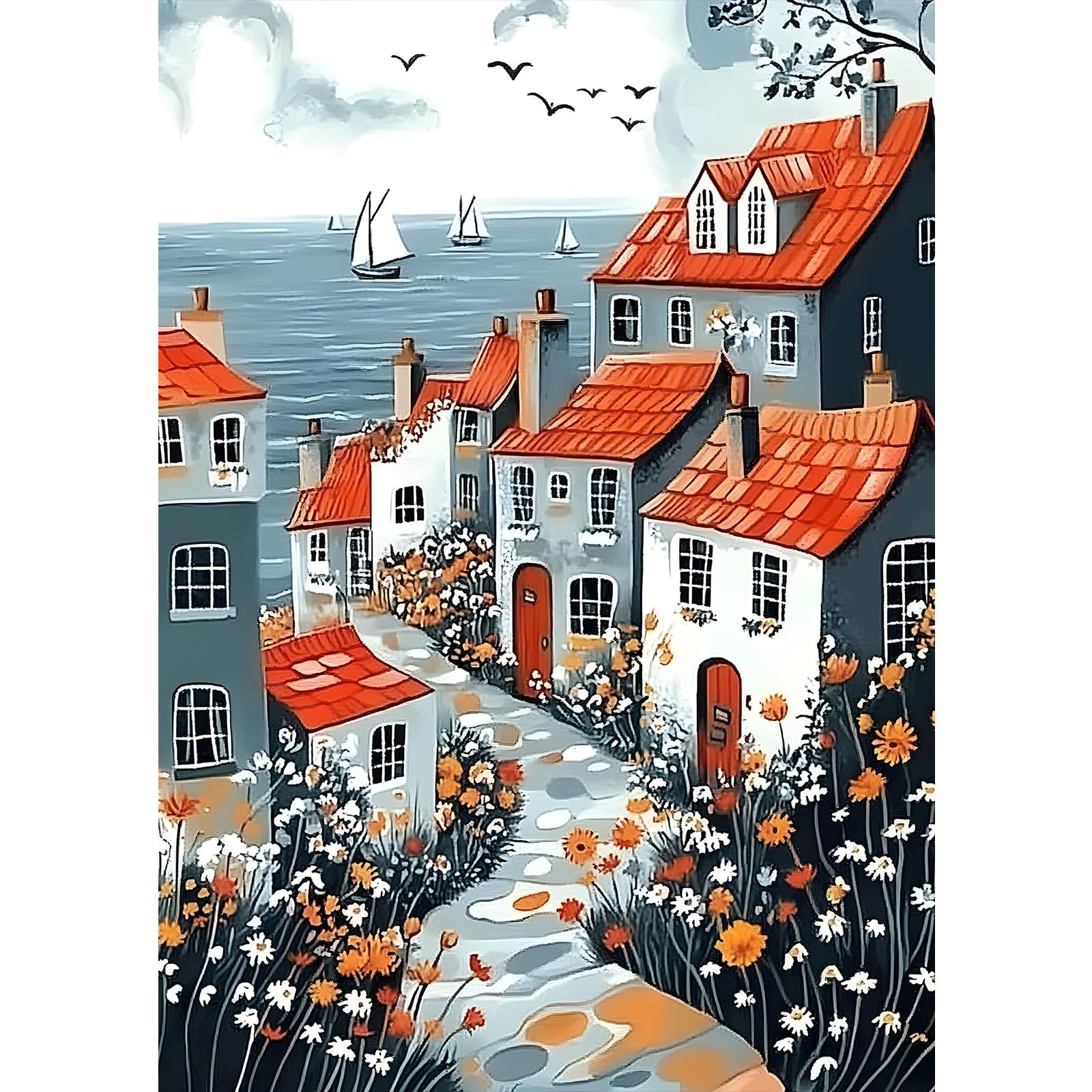 MXJSUA Harbor Seascapes 5D Diamond Painting Kits for Adults, Red Roofs Houses Diamond Art Kits for Beginner, DIY Full Round Drill Diamond Dots Gem Art Kits for Home Wall Decor 30x40cm
