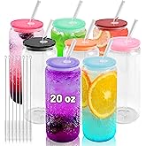 Joyclub 20 oz Glass Cups with Acrylic Lids and Straws 8pcs Can Shaped Glass Iced Coffee Cups with Lids, Drinking Jar Glasses Cute Tumbler Cup Great for Smoothie Soda Boba Tea Cocktail Beer Gift
