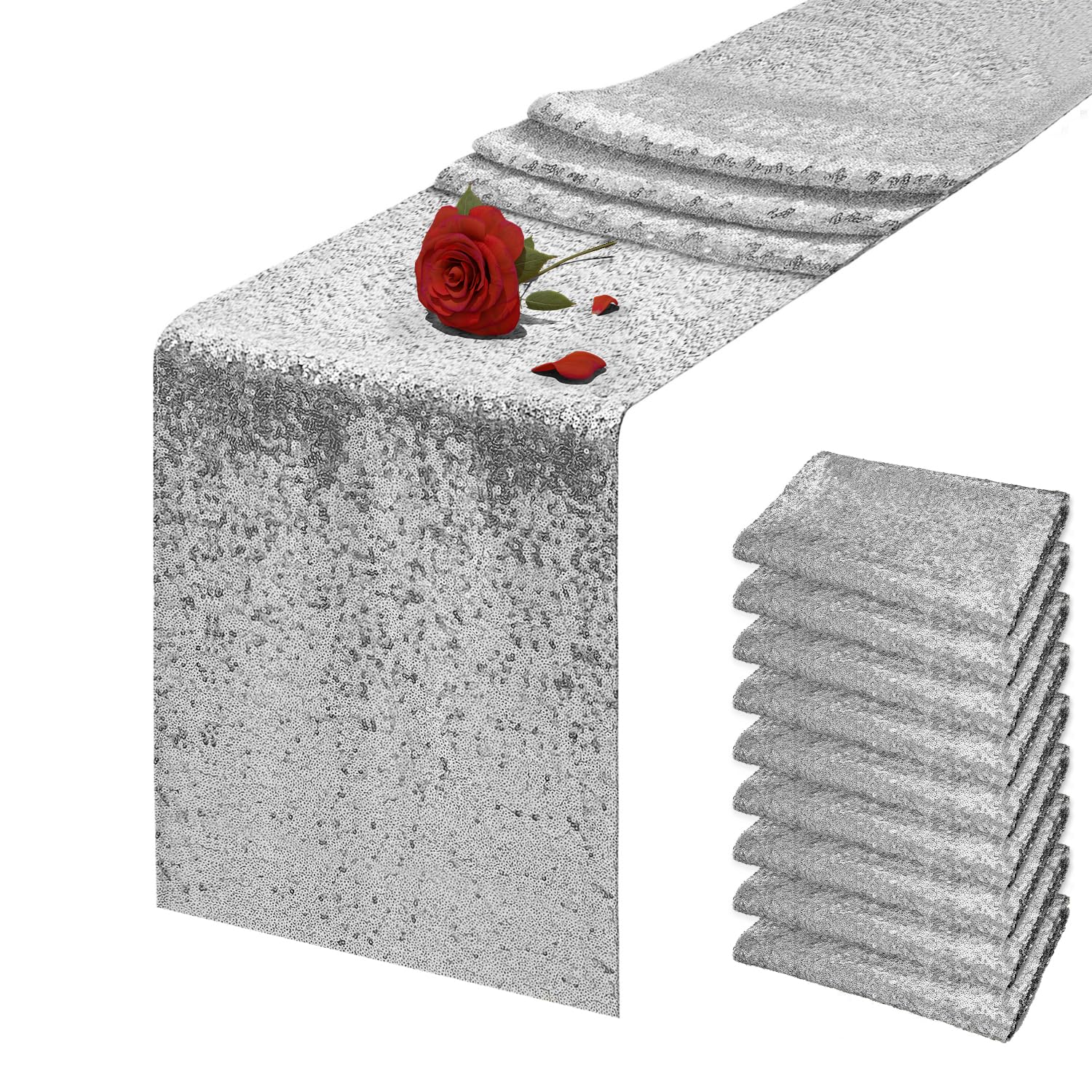 Photo 1 of 10 Packs 12 x 72 inches Silver Sequin Table Runner, Glitter Runner for Birthday Party Supplies Wedding Holiday Celebration Baby Shower Engagement Anniversary Decor