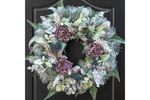PURECOSY Winter Wreath for Front Door, 24 Inch Christmas Snow Covered Artificial Door Wreath with Purple Peonies, Green Leaves, Pine Cones and Berries, Winter Decor for Indoor or Outdoor