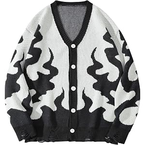 ZAFUL Men's Cardigan Sweater Button Down Lightweight Long Sleeve Sweaters | V Neck, Knitted, Color Block, Flames Pattern, Rib