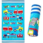 Wildkin Kids 64 x 32 Inch Beach Towel for Boys &amp; Girls &ndash; 100% Cotton, Soft &amp; Absorbent Pool &amp; Beach Towel for Bath, Beach &amp; Outdoor Use, Easy to Carry, Ages 3+ &ndash; Trains, Planes and Trucks