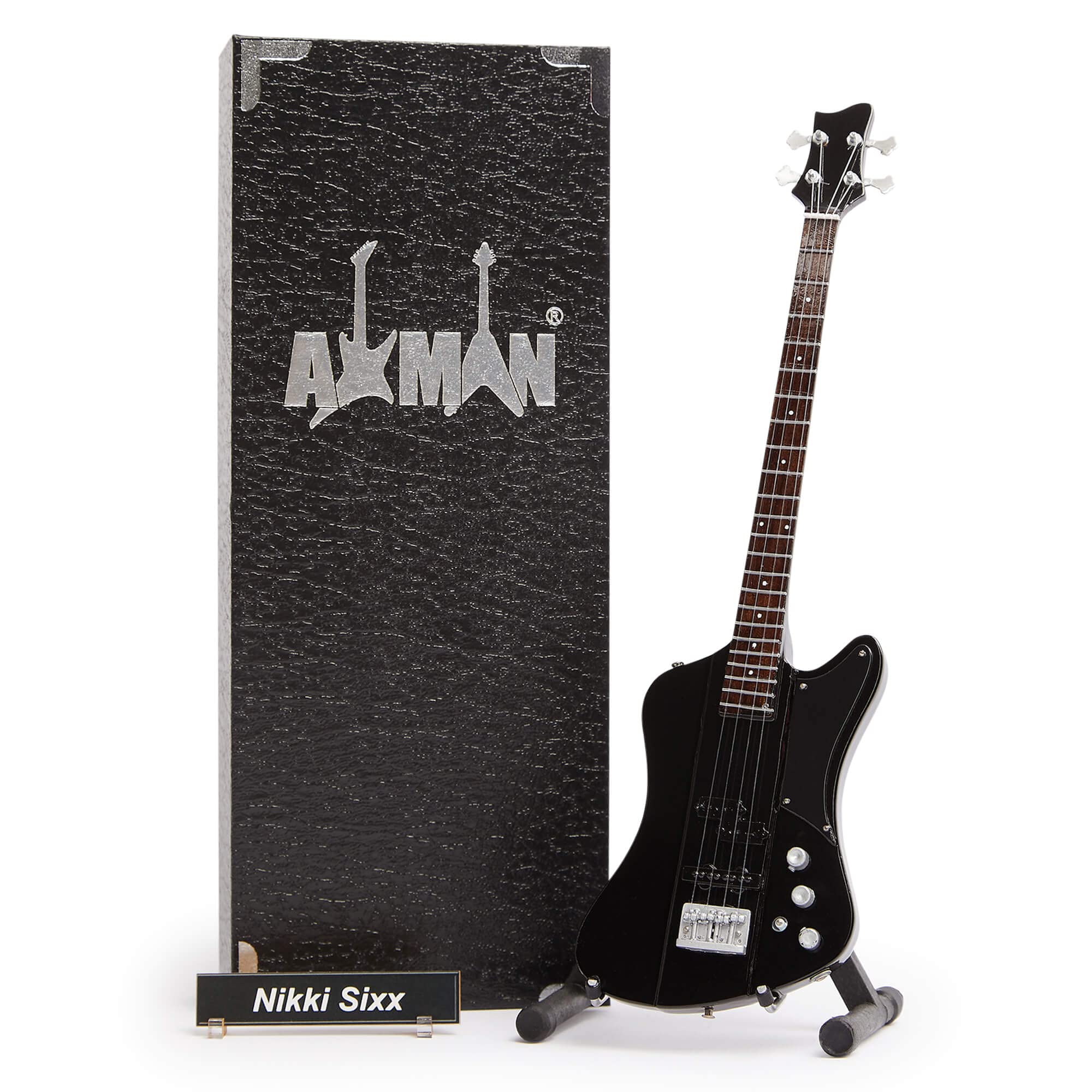 Nikki Sixx: Schecter Sixx Bass - Miniature Guitar Replica - Music Gifts - Handmade Ornamental 1/4 Scale - Includes a Display Box, Name Tag and Miniature Guitar Stand