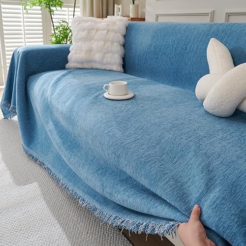 TAOTAOGO Sofa Cover 3 4 Seater Chenille Corner Sofa Slipcover Washable L Shape Sofa Covers Sectional Couch Cover with Tassel Furniture Protector for Pet All-Season F Blue 180x380cm