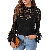Vrtige Women's Elegant Lace Blouse Mock Neck Bell Long Sleeve Sheer Blouse Shirt Top