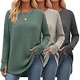 Velvelhall 3 Pack Women's Long Sleeve Tops with Thumb Hole Ribbed Crew Neck Loose Fit Shirts Fall Winter Clothes Outfits