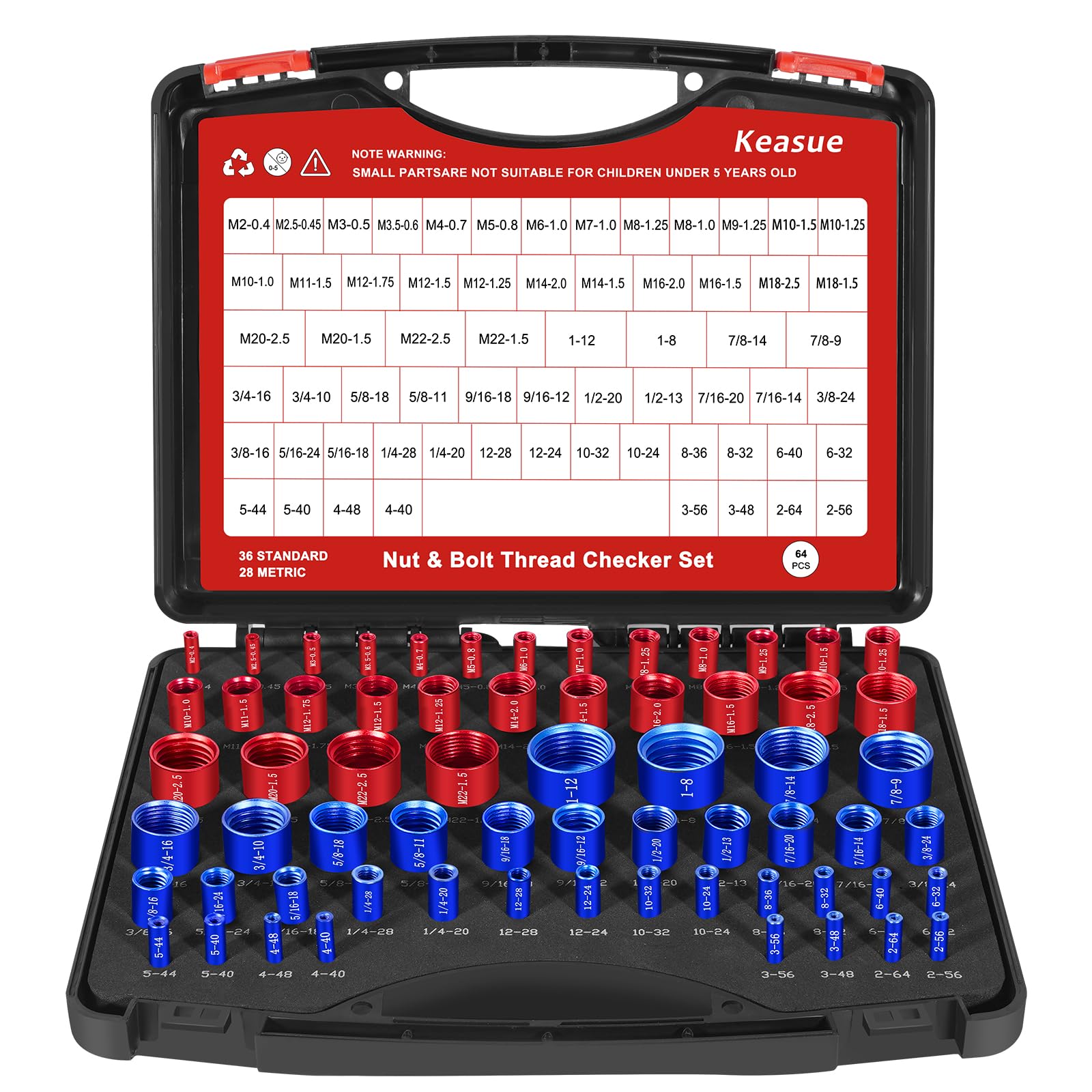 Photo 1 of Keasue 64Pcs Thread Checker, Nut and Bolt Thread Checker, 36 Inch & 28 Metric Box Set Thread Gauge, Thread Checker Standard and Metric Suitable for Size Checker of Bolts or Nuts in Narrow Areas