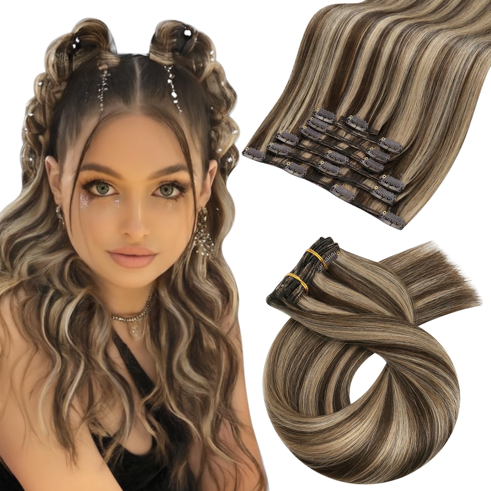 Moresoo Clip in Hair Extensions Real Human Hair 16 Inch Dark Brown Highlighted Caramel Blonde Human Hair Clip in Extensions Full Head Straight Hair 7 Pieces/120G #P4/27 — image 1