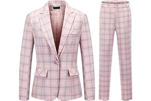 MODFUL Womens 2 Piece Plaid Suits Set Business Office One Button Blazer Jacket Casual Long Sleeve Pant Suit Set