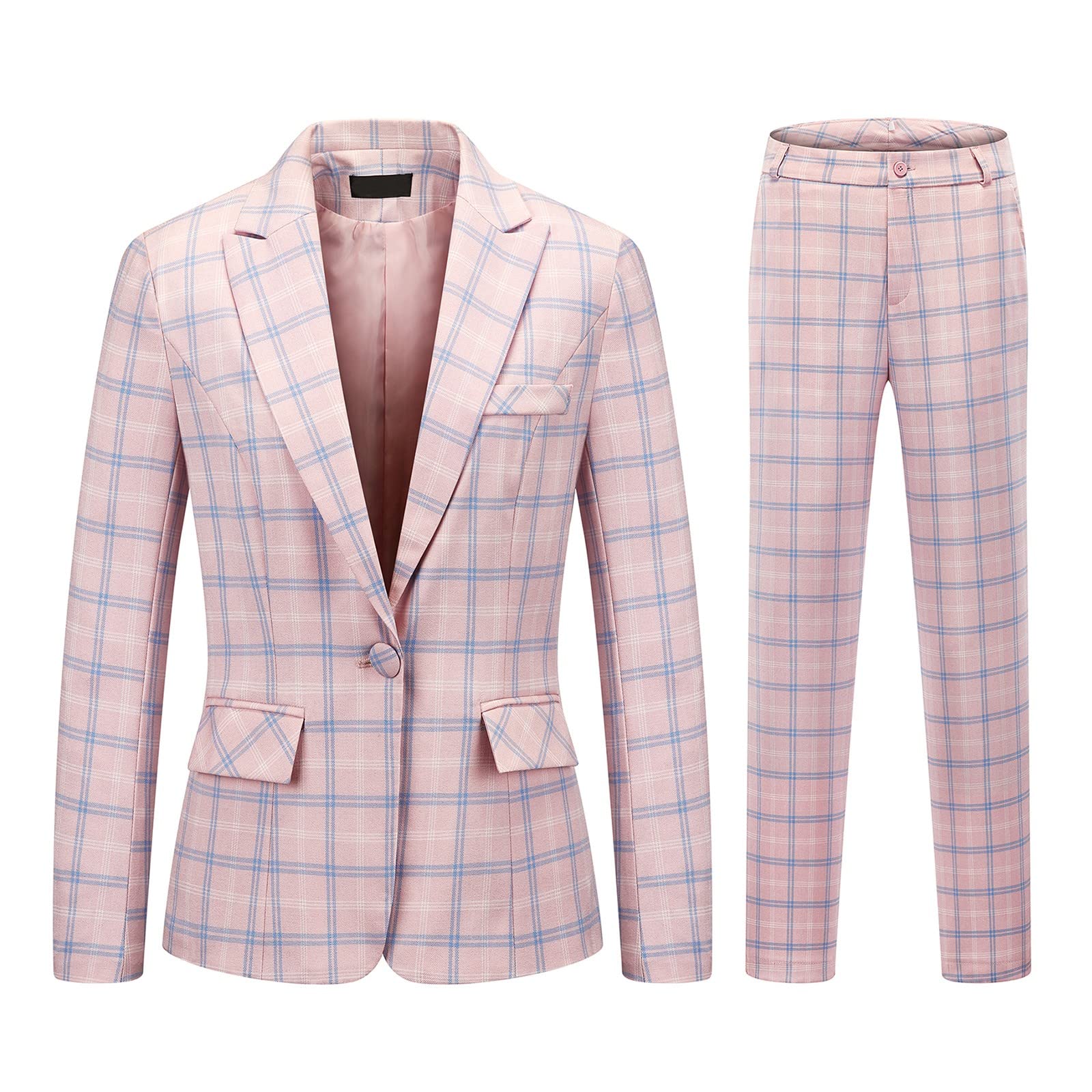 Photo 1 of Womens 2 Piece Plaid Suits Set Business Office One Button Blazer Jacket Casual Long Sleeve Pant Suit Set(Pink,Medium)