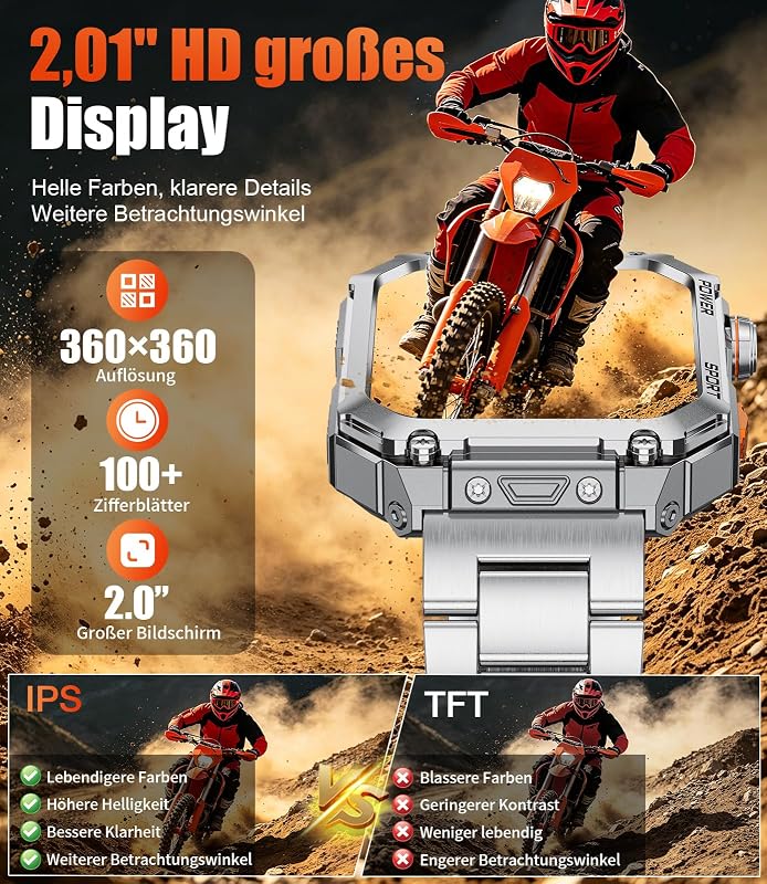 Smartwatch Herren mit großem 2,01" HD-Bildschirm, 2 Armbänder, Bluetooth-Anrufe, Herzfrequenz & SpO2-Messung, 120+ Sportmodi, IP68 wasserdicht Sportuhr iOS/Android, Silber — Foto 2 von 7