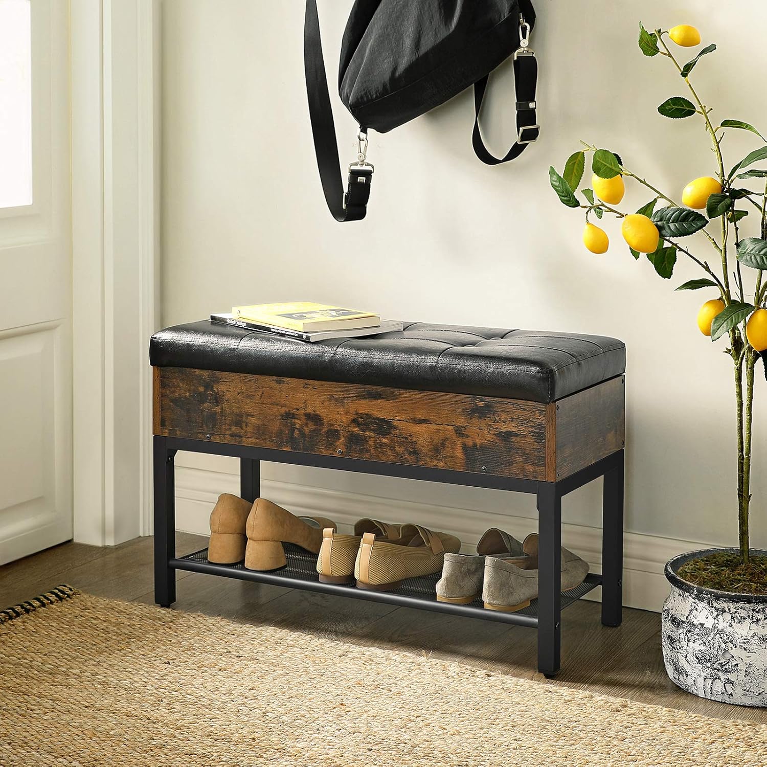 VASAGLE CAPADION Shoe Bench, Padded Bench with Storage Box and Shoe Shelf, Bedroom Stool, Steel Frame, Synthetic Leather, Industrial, Rustic Brown and Black ULSB46BX: Kitchen & Dining