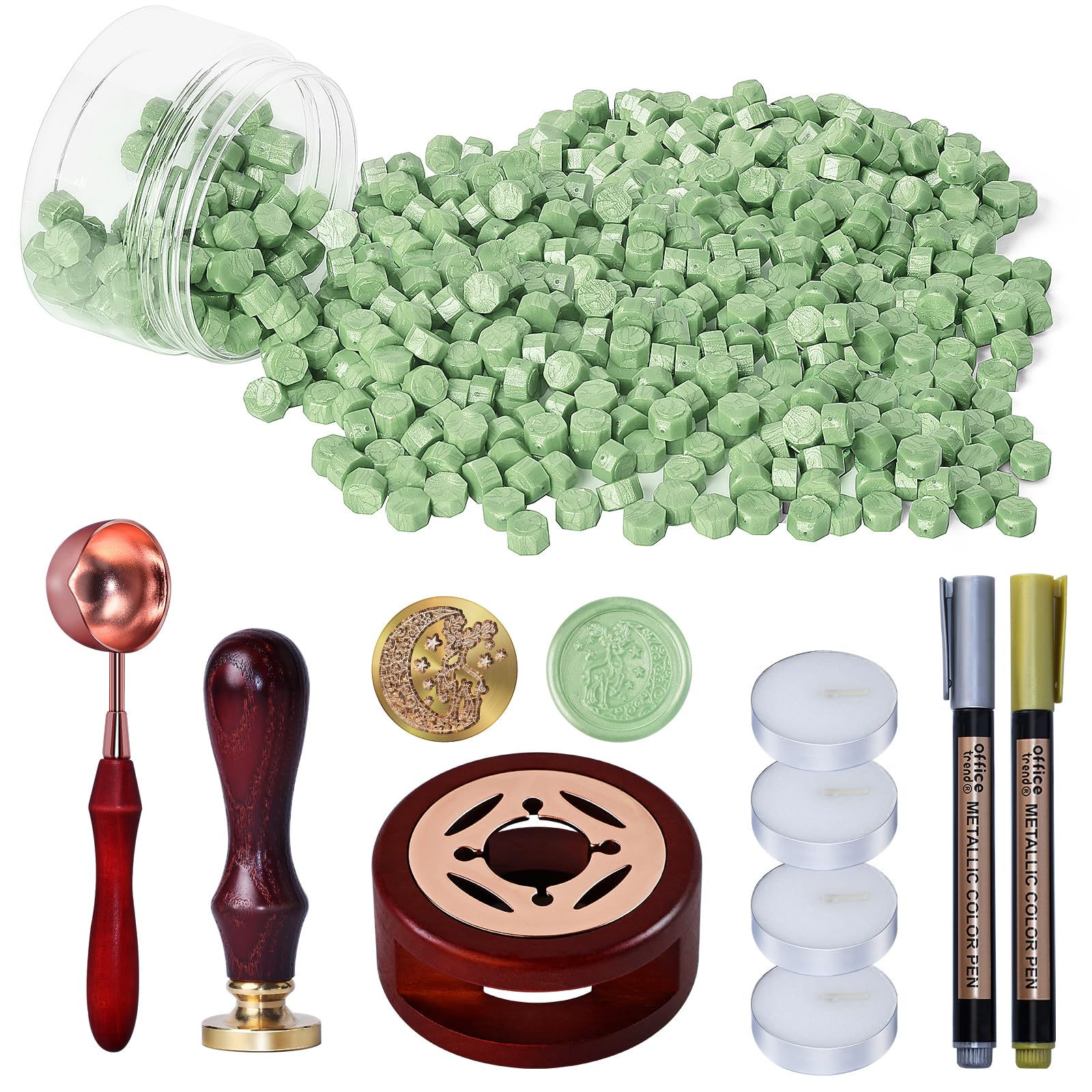 WEWINK PLUS 250 PCS Green Wax Stamp Kit With Deer Stamp, Wax Seal Warmer, Spoon, Tea Candles, Metallic Pen - Gifts, Invitations & Crafts