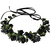 SIZSNM Flower Crown Floral Girls Headband - Black Headpiece Womens Wedding Bridal - Artificial Silk Roses Boho Wreath