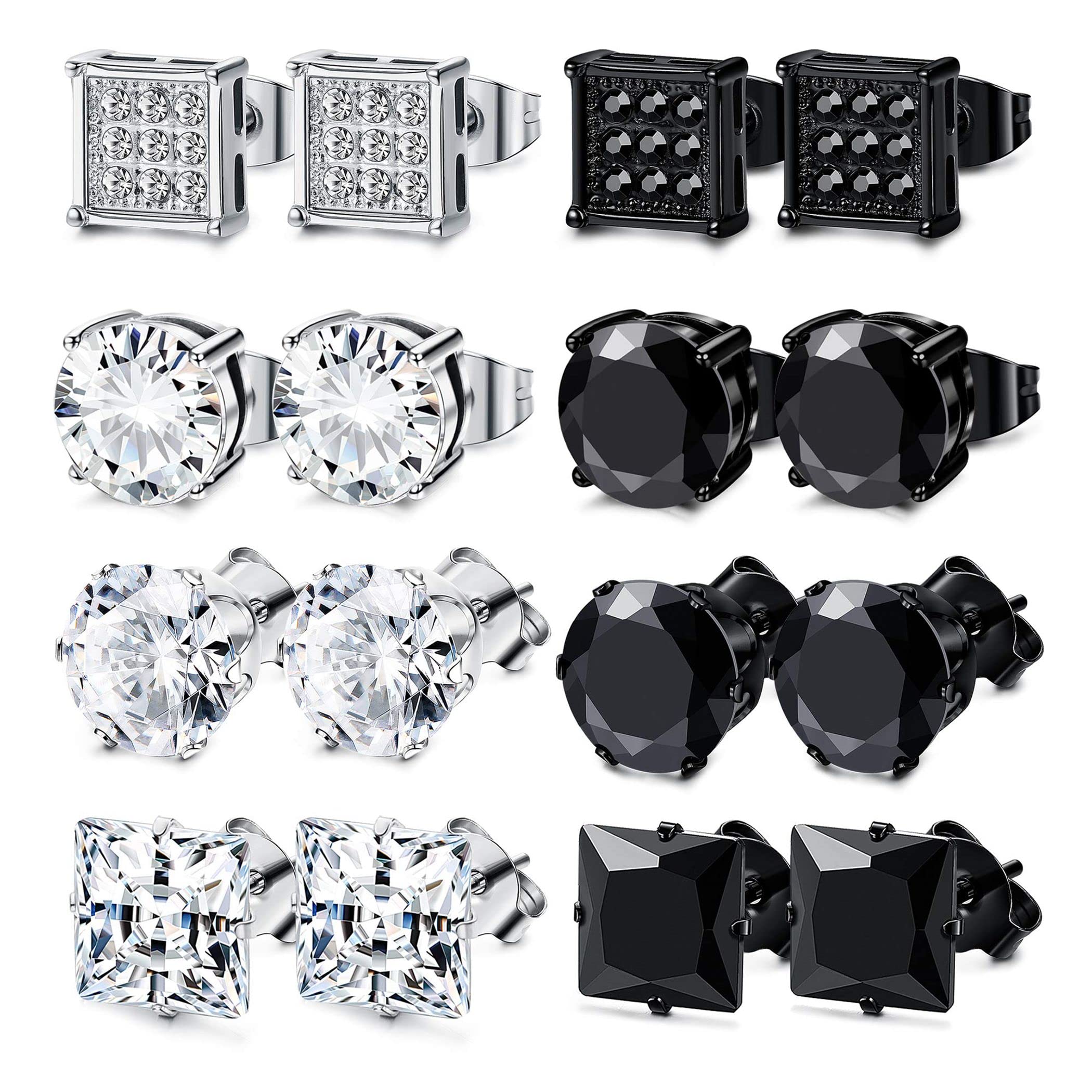 KALVICA 8 Pairs Stainless Steel Stud Earrings - Silver & Black Cubic Zirconia Square Earrings - Hypoallergenic for Men, Women & Girls - 6MM