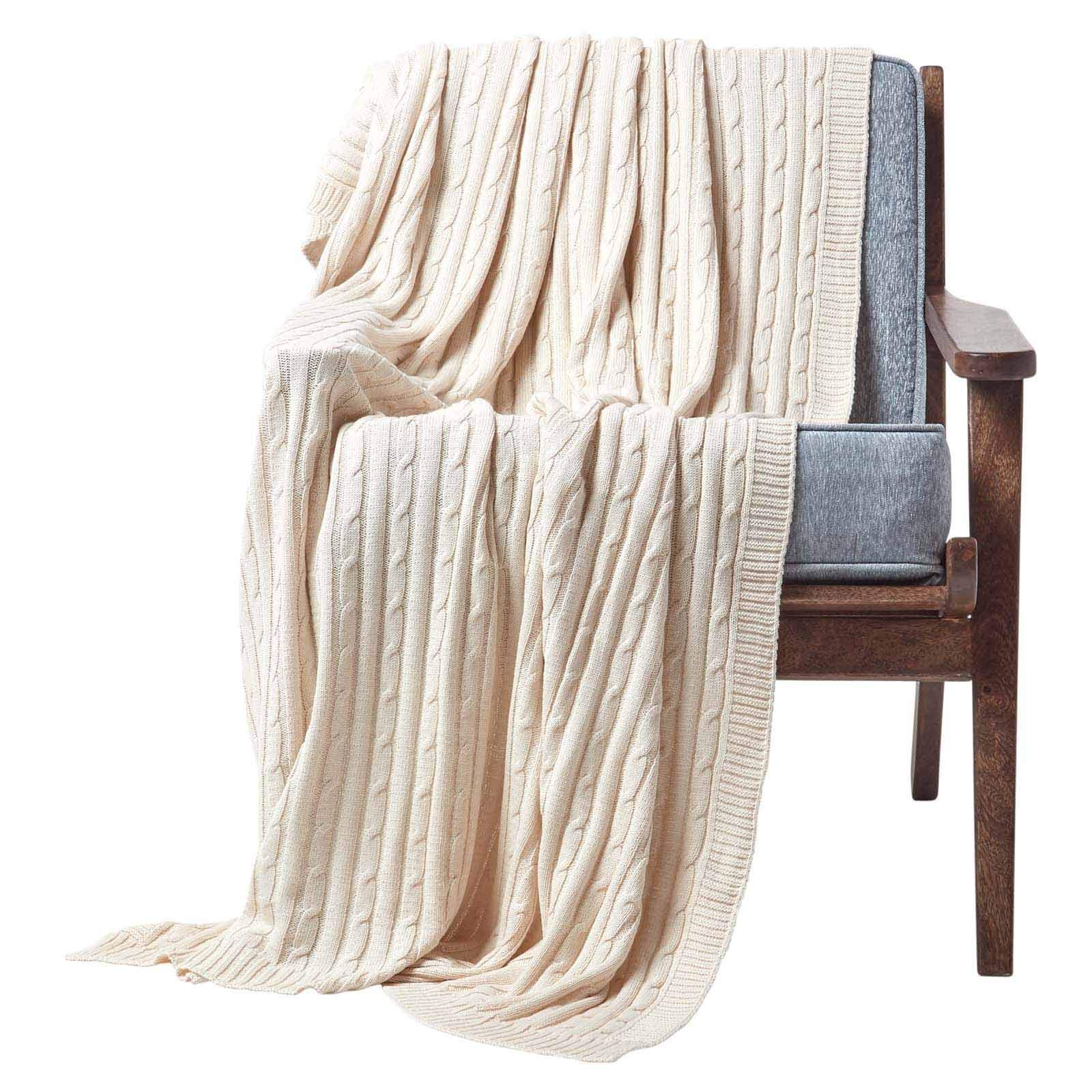 HOMESCAPES Large Natural Cable Knit Throw 150 x 200 cm Combed Cotton Soft and Cosy Blanket Bed and Sofa Throw For Small Sofas and Double Beds