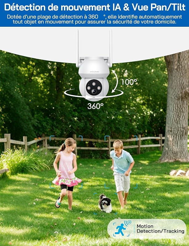 Caméra de sécurité extérieure 2K 3MP, caméra WiFi PTZ 360°, Vision Nocturne Couleur, détection AI, Alarme sonore et Lumineuse, IP65 résistant aux intempéries, Fonctionne avec Alexa et Google