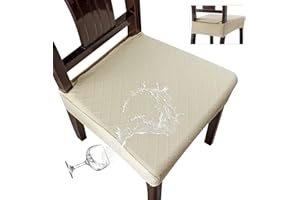 Genina Waterproof Seat Covers for Chairs,Set of 4 Dining Room Chair Seat Covers for Kitchen,Stretch Jacquard Removable Washable Dining Chair Slipcovers Protectors with Rear Covers, Beige
