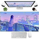 Purple Anime Kawaii Desk Mat Mousepad Cute Cat XXL Large Gaming Japanese Girly Aesthetic Mouse Pad Tokyo Street Desk Mat 31.5x15.75 in, Girl Gamer Desktop Mat Computer Laptop Keyboard Mouse Mat