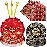 Gameza Hibachi Party Tableware Decorations, 96PCS Disposable Paper Plate Napkin Fork Set, Dragon Festival Red Asian Japanese Birthday Party Supplies Serves 24