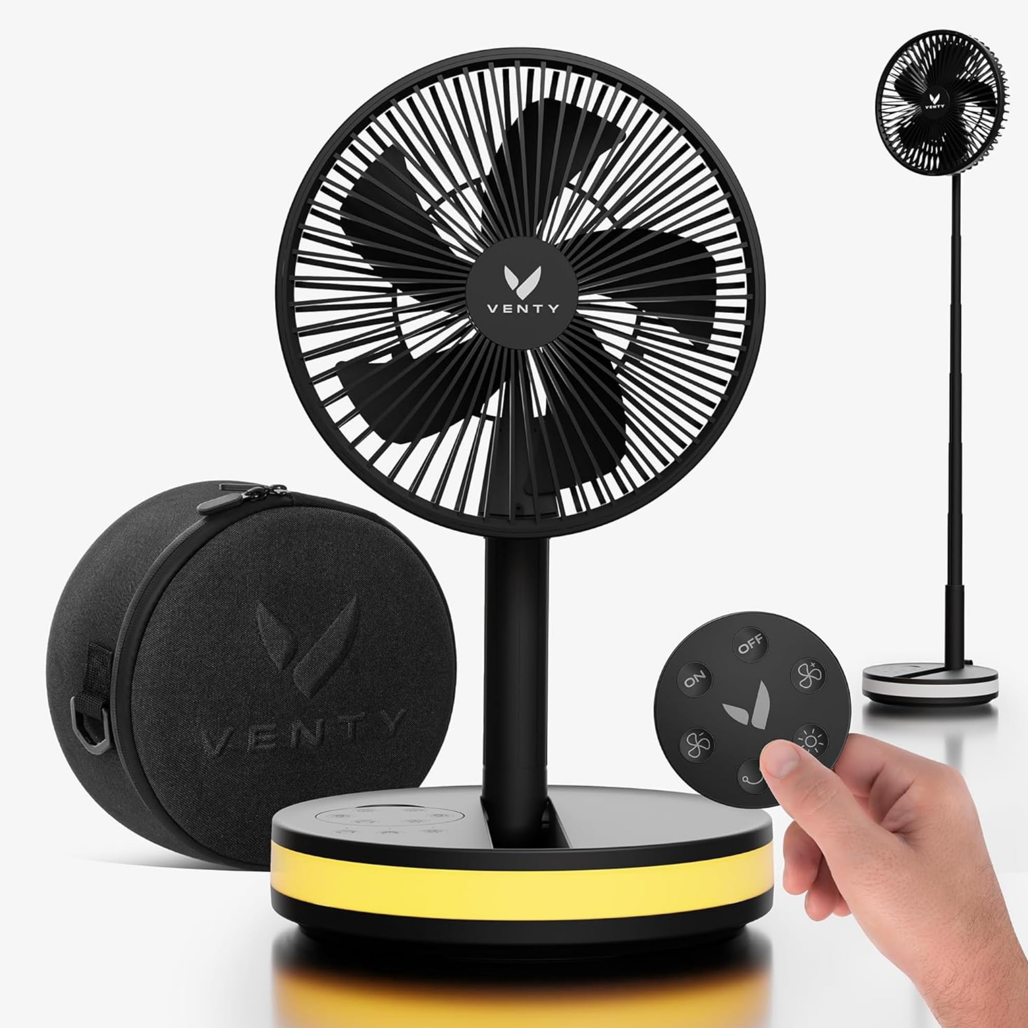 VENTY Portable Fan - Wireless Battery Operated Fan - 4 Speeds - LED Lighting - Carry Case & Remote Control - Cruise Travel - Outdoor Travel RV Power Bank With USB-C Port (Black with Case)