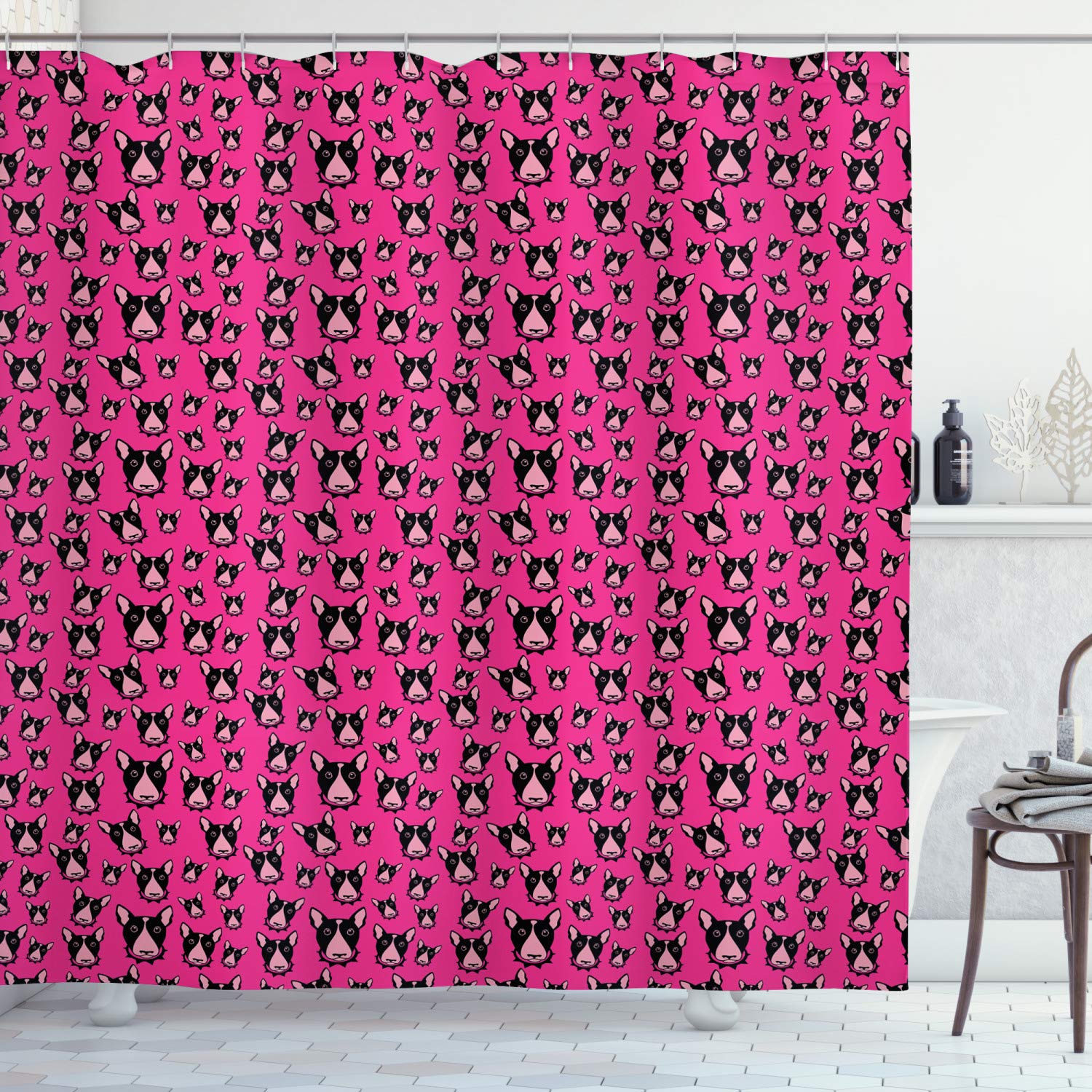 ABAKUHAUS Dogs Shower Curtain, Bull Terrier Dog Heads on Vibrant Pink Background Friendly Animals Pet Lover, Cloth Fabric Bathroom Decor Set with Hooks, 175 x 180 cm, Hot Pink Black