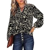 Womens Casual V Neck Floral Print Long Sleeve Smocked Blouses Boho Dressy Summer Spring Loose Shirts Tops